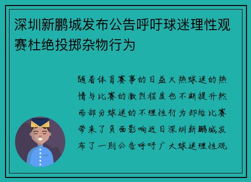 深圳新鹏城发布公告呼吁球迷理性观赛杜绝投掷杂物行为