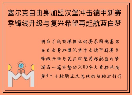 塞尔克自由身加盟汉堡冲击德甲新赛季锋线升级与复兴希望再起航蓝白梦